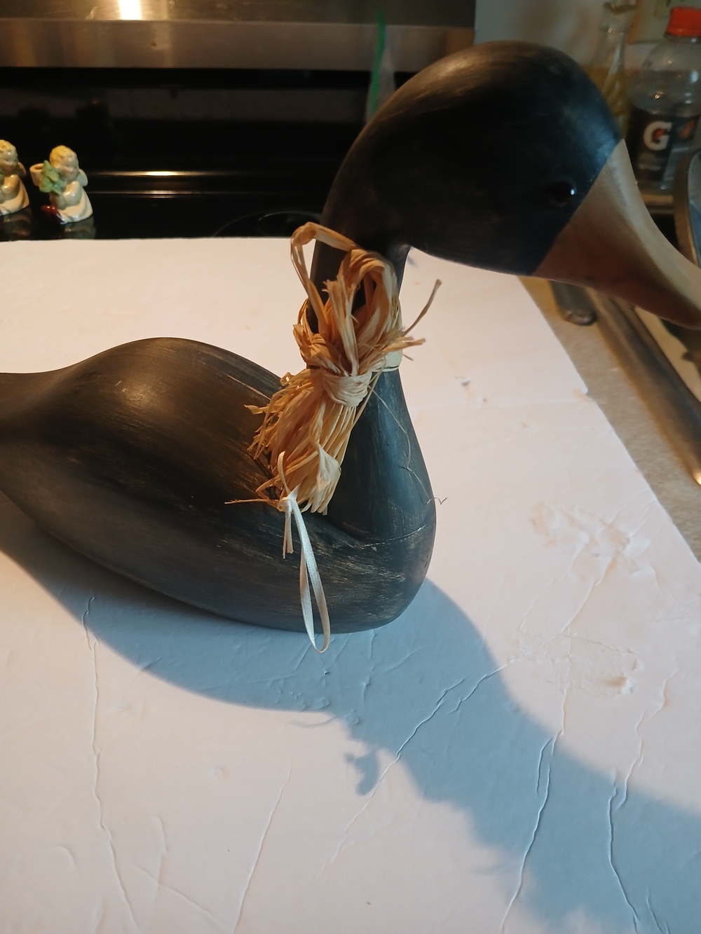Source Unknown Black Wooden Duck Figurine with Raffia Accent